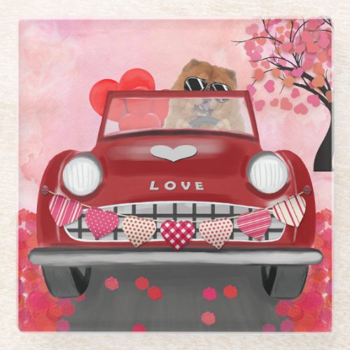 Chow Chow Dog Driving Car with Hearts Valentines  Glass Coaster