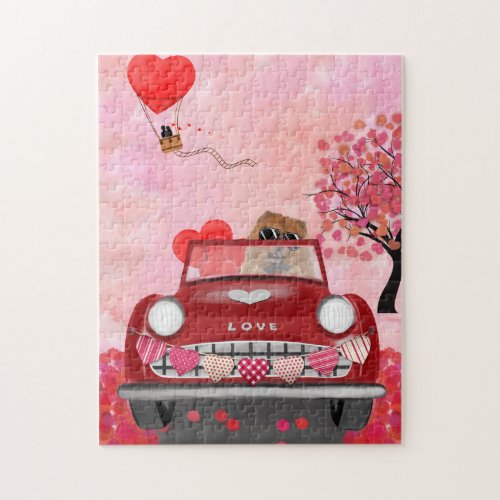 Chow Chow Dog Driving Car with Hearts Valentines  Jigsaw Puzzle