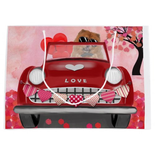 Chow Chow Dog Driving Car with Hearts Valentines Large Gift Bag