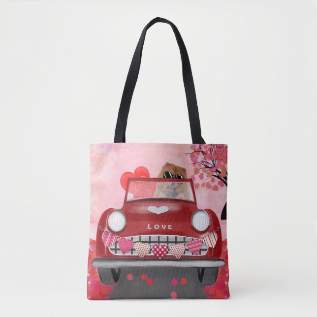 Chow Chow Dog Driving Car with Hearts Valentine's  Tote Bag (Front)