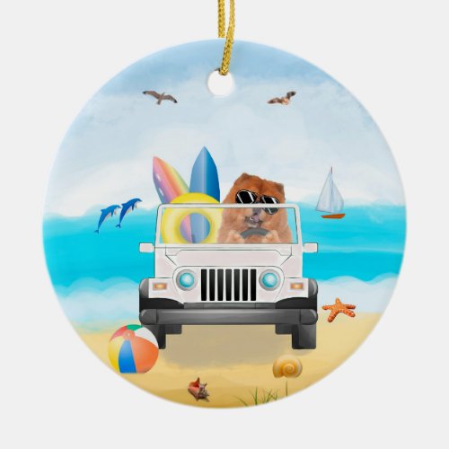 chow chow Dog Driving on Beach  Ceramic Ornament