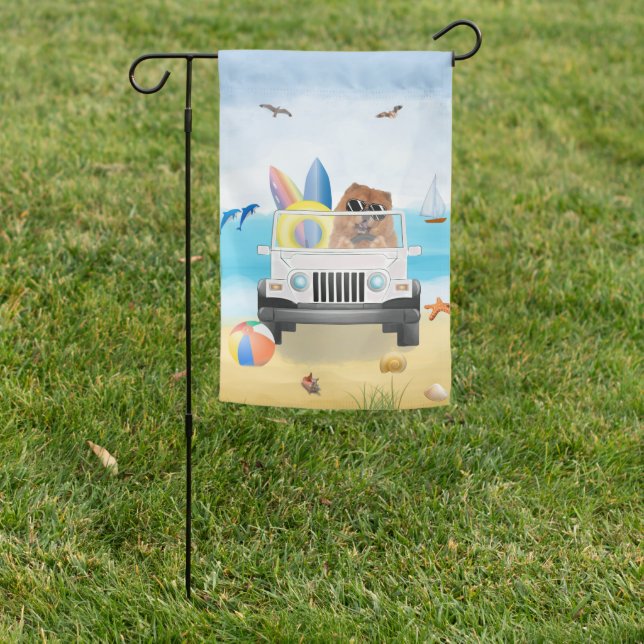 chow chow  Dog Driving on Beach Garden Flag (In SItu)