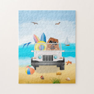 chow chow Dog Driving on Beach Jigsaw Puzzle