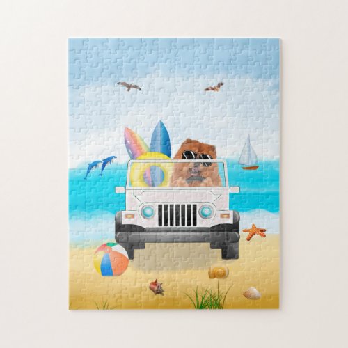 chow chow Dog Driving on Beach  Jigsaw Puzzle