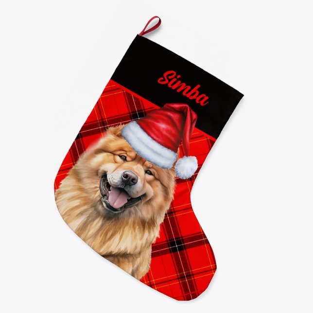 Chow Chow Dog Holiday Red Plaid Personalized Large Christmas Stocking (Front (Hanging))