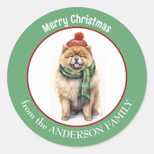 Chow Chow Dog in Green Christmas Scarf and Red Hat Classic Round Sticker