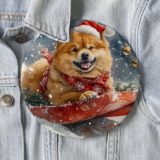Chow Chow Dog in Sledge Let it Snow Christmas Button (In Situ)