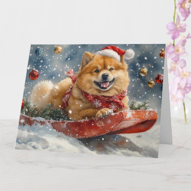 Chow Chow Dog in Sledge Let it Snow Christmas Card (Orchid)