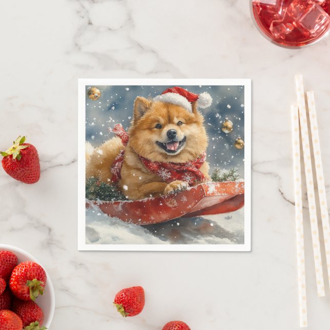 Chow Chow Dog in Sledge Let it Snow Christmas Napkins (Insitu)
