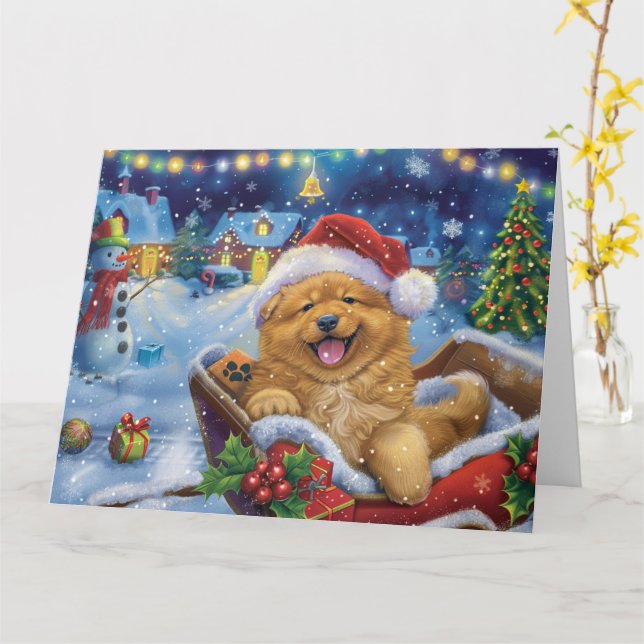 Chow Chow Dog in Sleigh Snow Christmas Card (Yellow Flower)