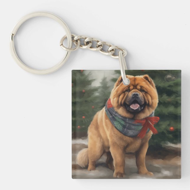 Chow Chow Dog in Snow Christmas Keychain (Front)