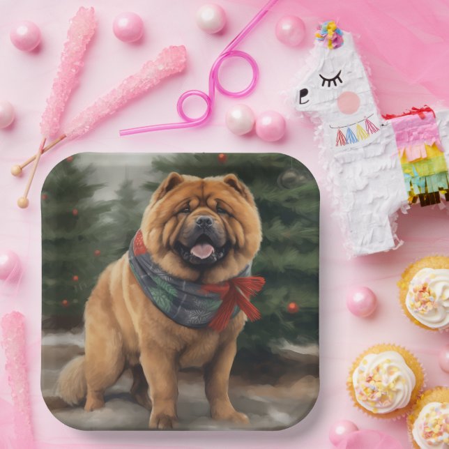Chow Chow Dog in Snow Christmas Paper Plates (Party)