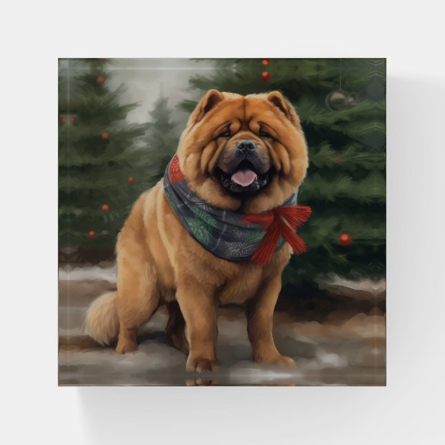 Chow Chow Dog in Snow Christmas Paperweight (Front)