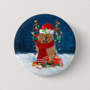 Chow Chow Dog in Snow with Christmas Gifts Button