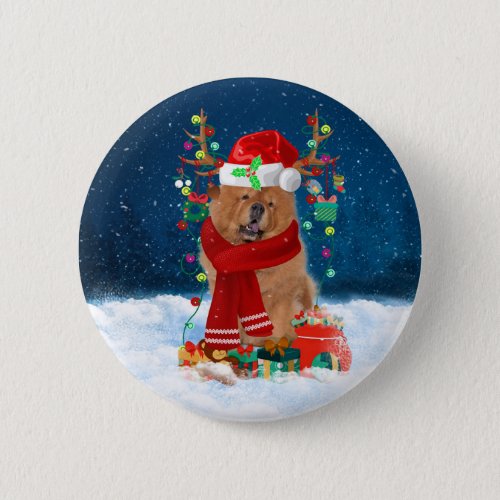 Chow Chow Dog in Snow with Christmas Gifts  Button