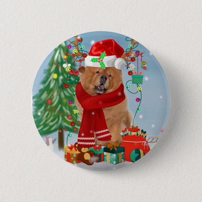 Chow Chow Dog in Snow with Christmas Gifts Button (Front)