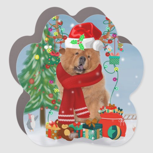 Chow Chow Dog in Snow with Christmas Gifts   Car Magnet