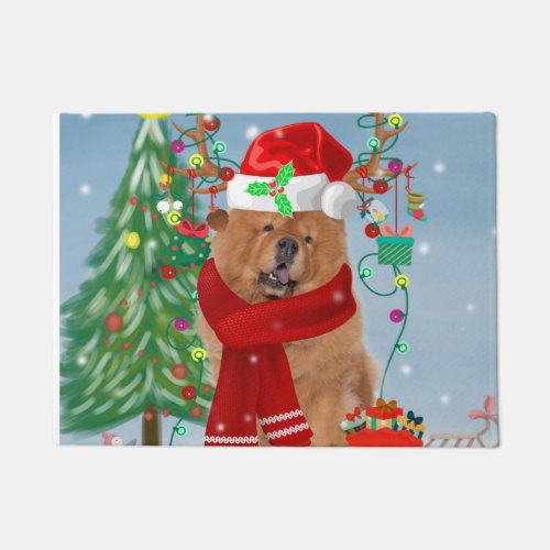 Chow Chow Dog in Snow with Christmas Gifts Doormat