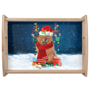 Chow Chow Dog in Snow with Christmas Gifts Serving Tray