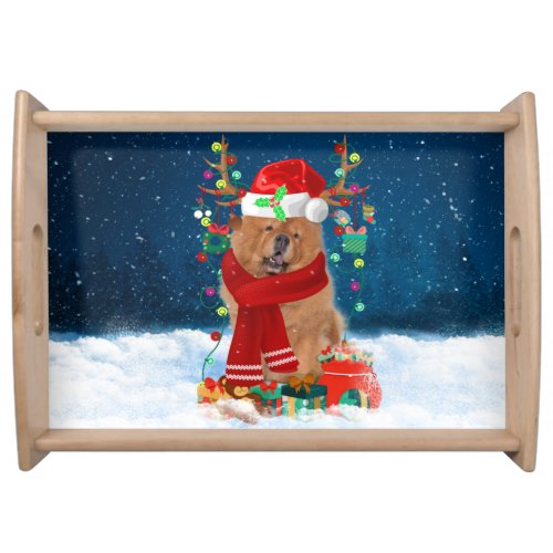 Chow Chow Dog in Snow with Christmas Gifts Serving Tray
