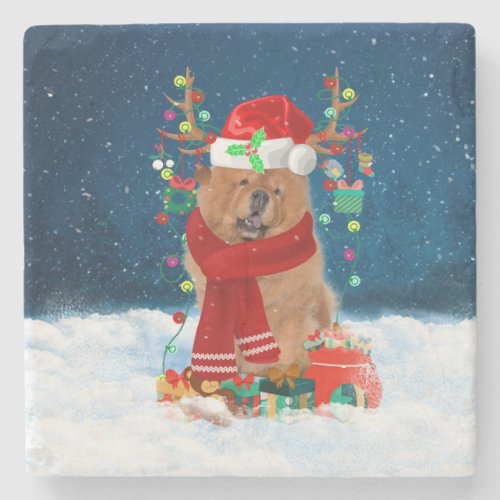 Chow Chow Dog in Snow with Christmas Gifts  Stone Coaster