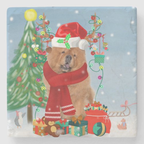 Chow Chow Dog in Snow with Christmas Gifts  Stone Coaster