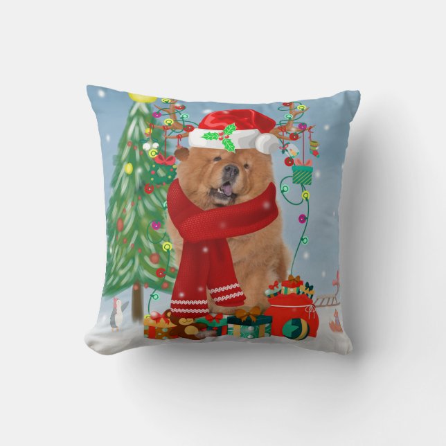 Chow Chow Dog in Snow with Christmas Gifts  Throw Pillow (Front)