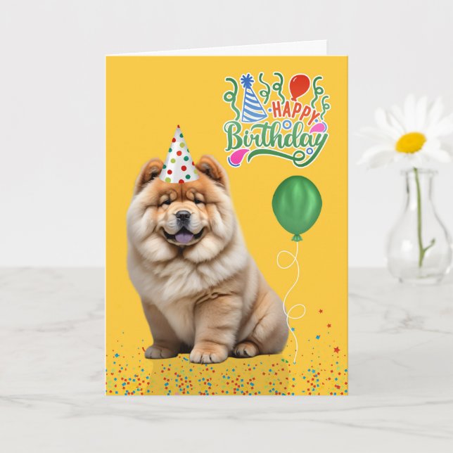 Chow Chow Dog Party Hat Yellow Birthday Card (Small Plant)