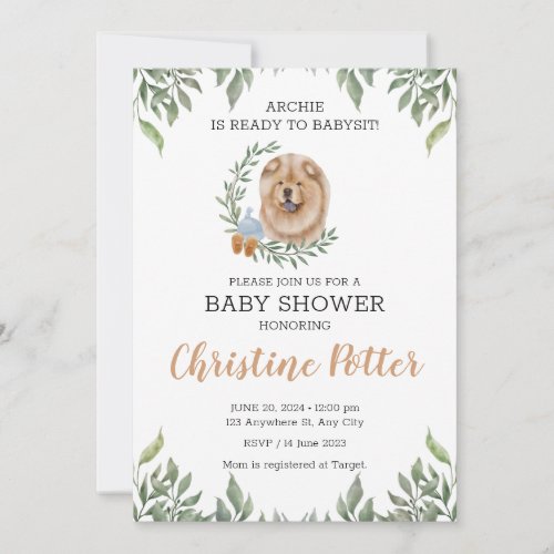 Chow Chow Dog Puppy Greenery Boho Baby Shower Invitation