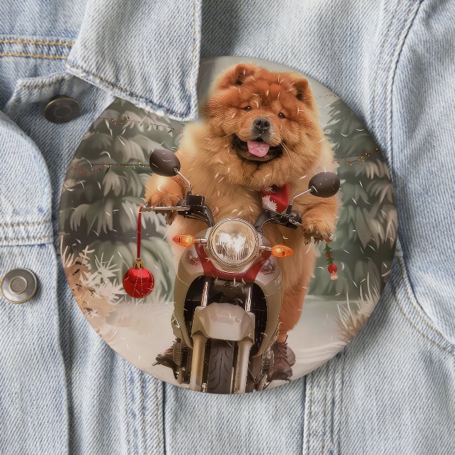 Chow Chow Dog Riding Motorcycle Christmas Button (In Situ)