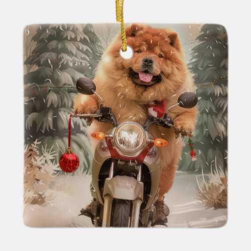 Chow Chow Dog Riding Motorcycle Christmas Ceramic Ornament