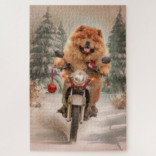 Chow Chow Dog Riding Motorcycle Christmas Jigsaw Puzzle