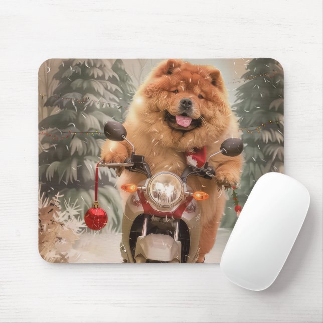 Chow Chow Dog Riding Motorcycle Christmas Mouse Pad (With Mouse)