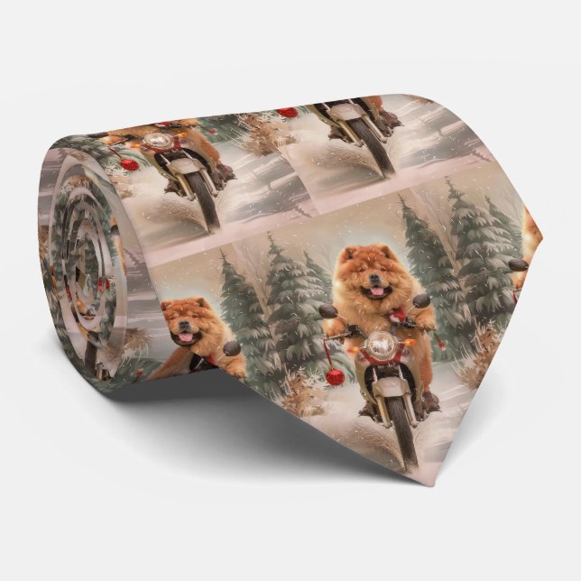 Chow Chow Dog Riding Motorcycle Christmas Neck Tie (Rolled)