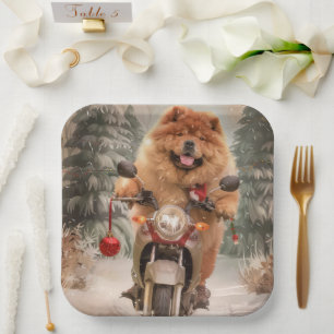 Chow Chow Dog Riding Motorcycle Christmas Paper Plates