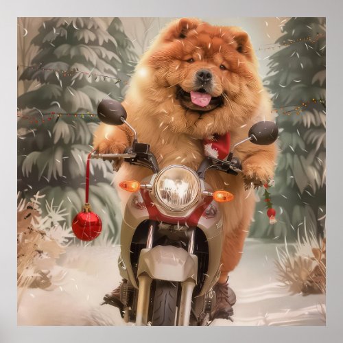 Chow Chow Dog Riding Motorcycle Christmas Poster