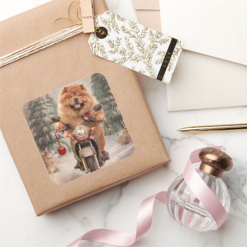 Chow Chow Dog Riding Motorcycle Christmas Square Sticker