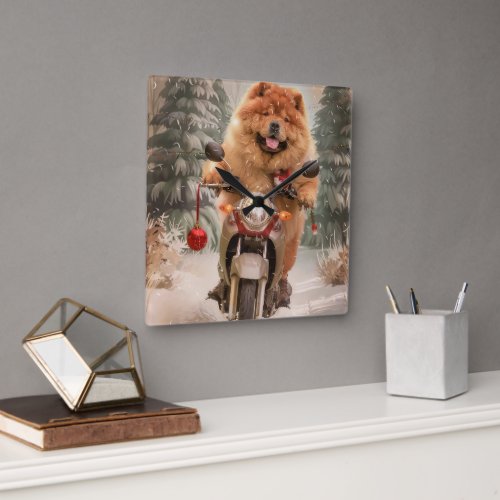 Chow Chow Dog Riding Motorcycle Christmas Square Wall Clock