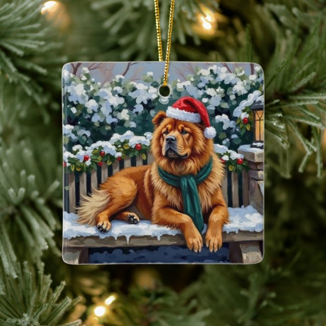 Chow Chow Dog Serene Winter Garden Christmas Art Ceramic Ornament (Tree)
