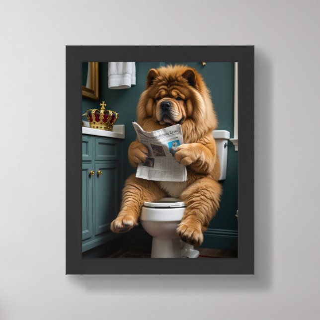 Chow Chow Dog Sitting On Toilet Funny Framed Art (Framed Front)