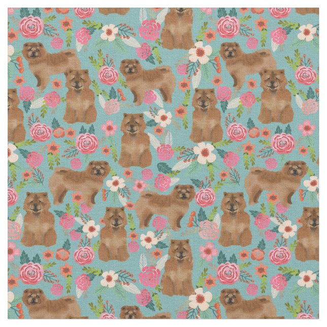 Chow Chow dog vintage florals blue Fabric (Close Up)