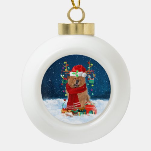 Chow Chow dog with Christmas gifts Ceramic Ball Christmas Ornament