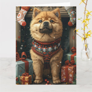 Chow Chow Dog With Christmas Gifts Fireplace Card