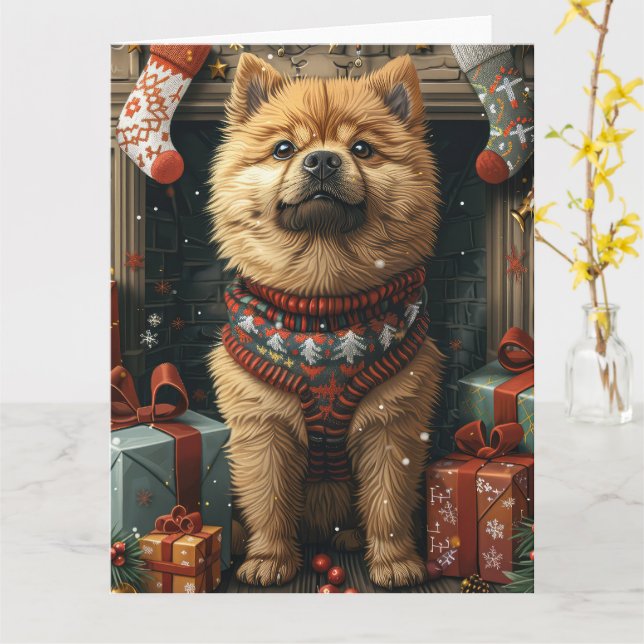 Chow Chow Dog With Christmas Gifts Fireplace Card (Yellow Flower)