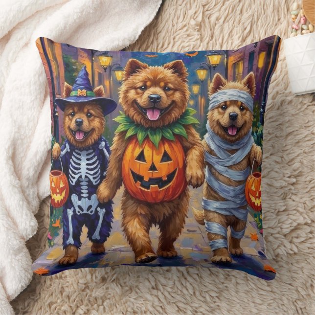 Chow Chow Dogs Trick-or-Treating Halloween Costume Throw Pillow (Blanket)