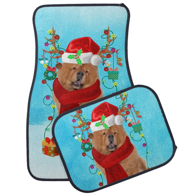 Chow Chow in snow with Christmas gifts Car Floor Mat (Set)