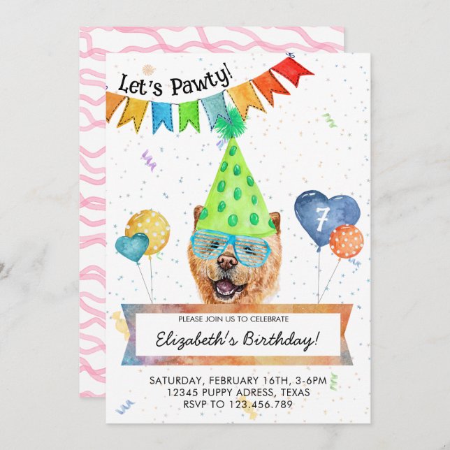 Chow Chow Lets Pawty Dog Birthday Party Invitation (Front/Back)