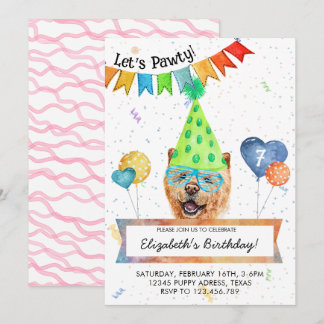 Chow Chow Lets Pawty Dog Birthday Party Invitation