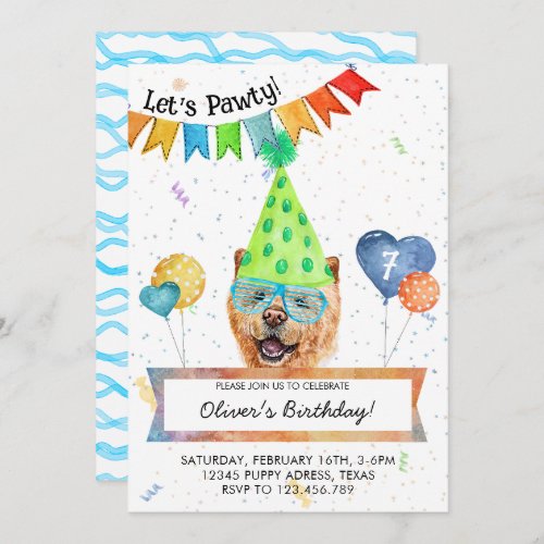 Chow Chow Lets Pawty Dog Birthday Party Invitation
