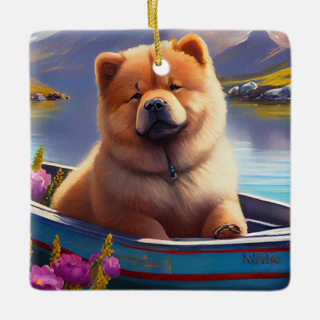 Chow Chow on a Paddle: A Scenic Adventure Ceramic Ornament (Front)